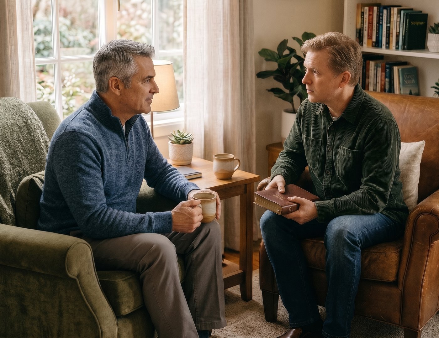Home Two men in a biblical counseling conversation